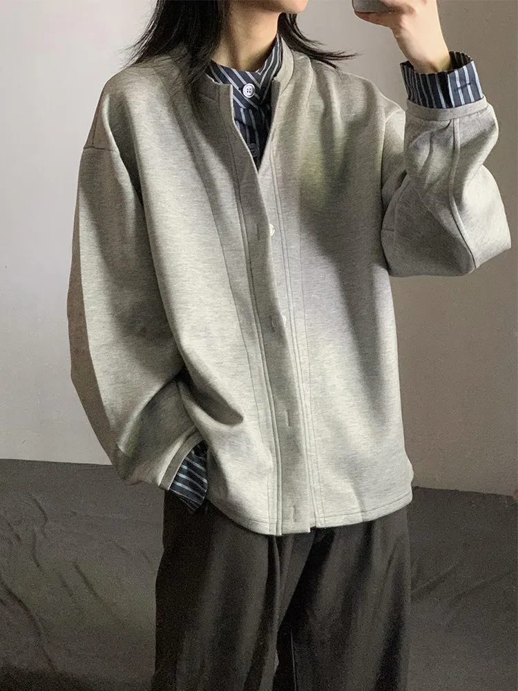 Gray Stripe Patchwork Fake Two-Piece Sweatshirt Unisex Basic Autumn High-End Cleanfit Outerwear Commute Top Youth Trend