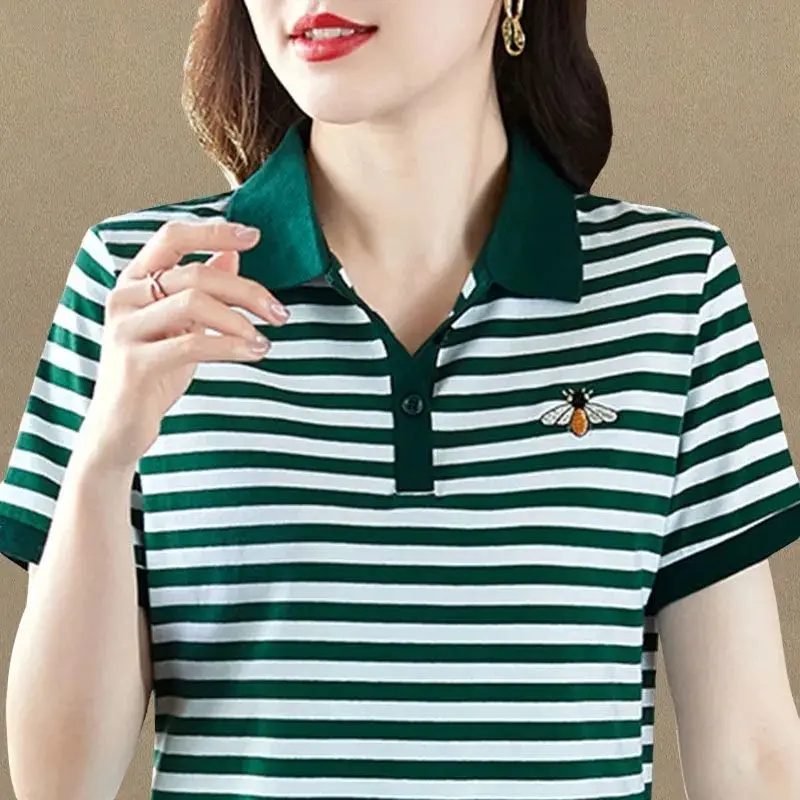 Korean Women Short Sleeve Stripe Polo Shirts Summer New Fashion Pattern Casual T-Shirt All-match Lapel Pullover Big Size Tops