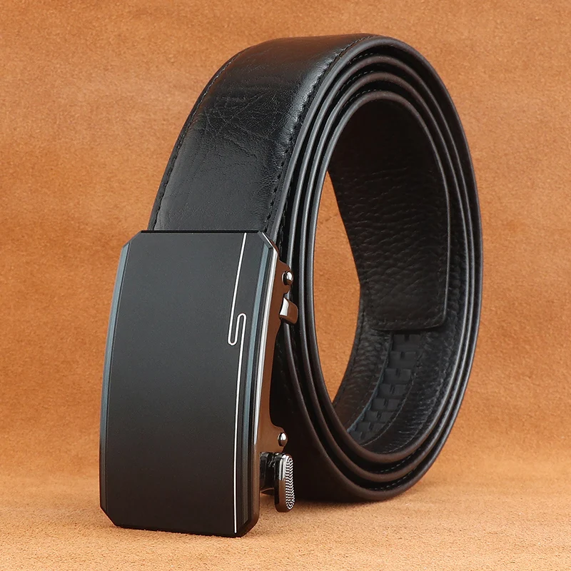 

2025 High Quality Men's black leather belt with automatic buckle luxury brand formal young