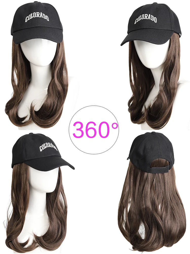 20Inch Long Wavy Wig Synthetic Wig Baseball Cap Extensions Hat Wigs Cold Brown Adjustable Hairpiece for Women Daily Wear