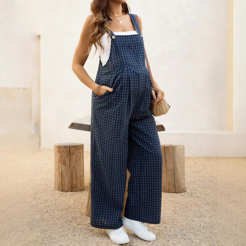 

Maternity Plaid Jumpsuit, Spring Summer Loose Fit Overalls Casual Pregnancy Wear New Arrival