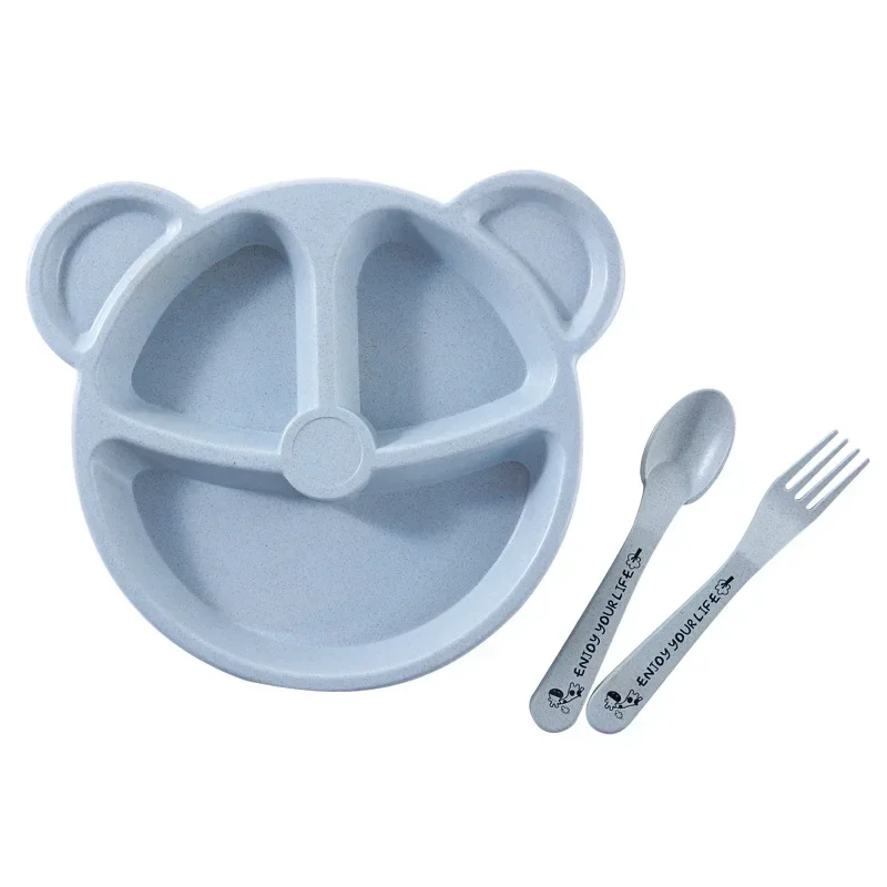 Assiette à manger ours de dessin animé pour enfants, ensemble de vaisselle, bol, cuillère, fourchette, ensemble de nourriture pour enfants, assiettes d'entraînement pour bébé