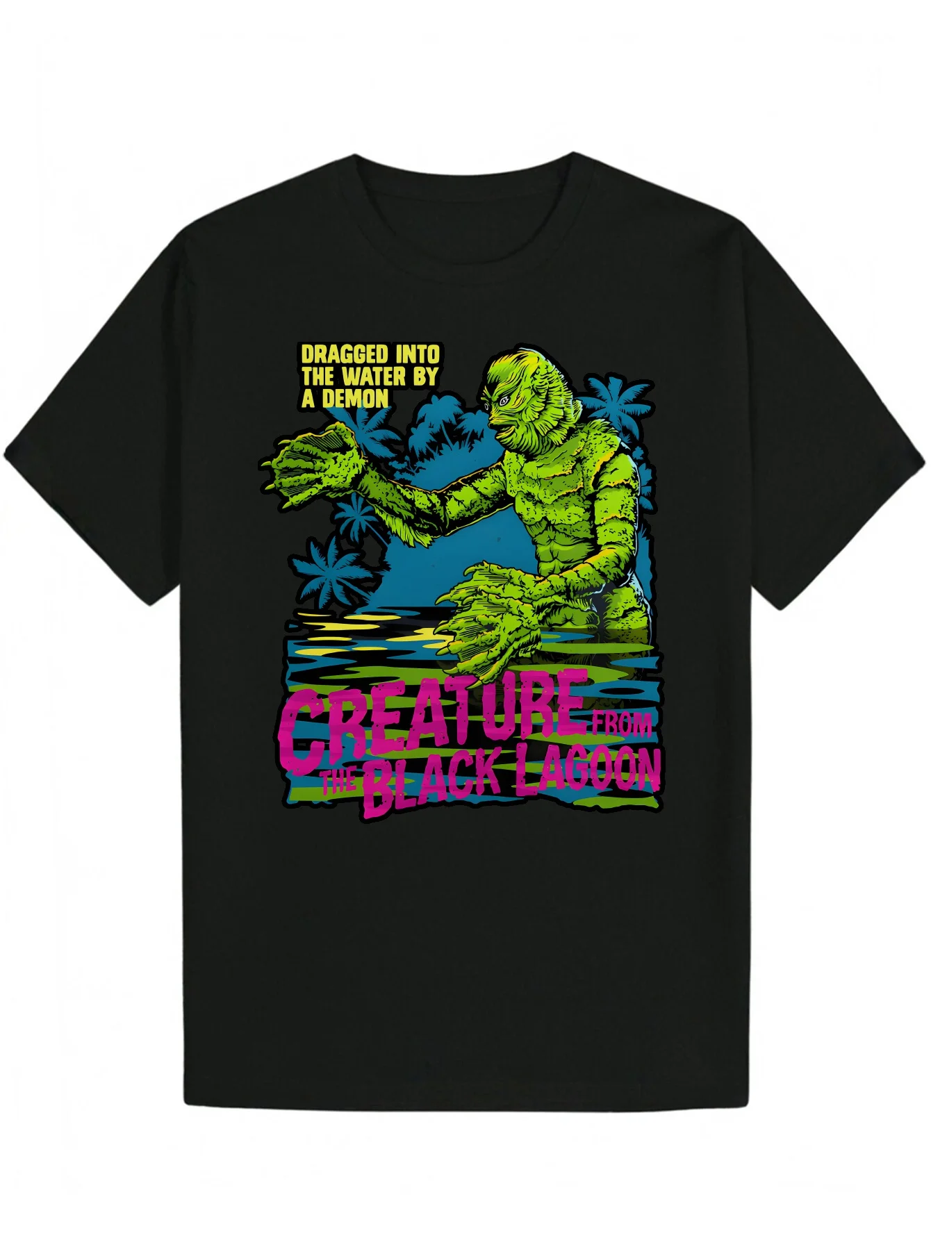 

Men's Black Graphic Creature From The Black Lagoon T-Shirt Summer Casual Round Neck Tee with Vibrant Monster Artwork
