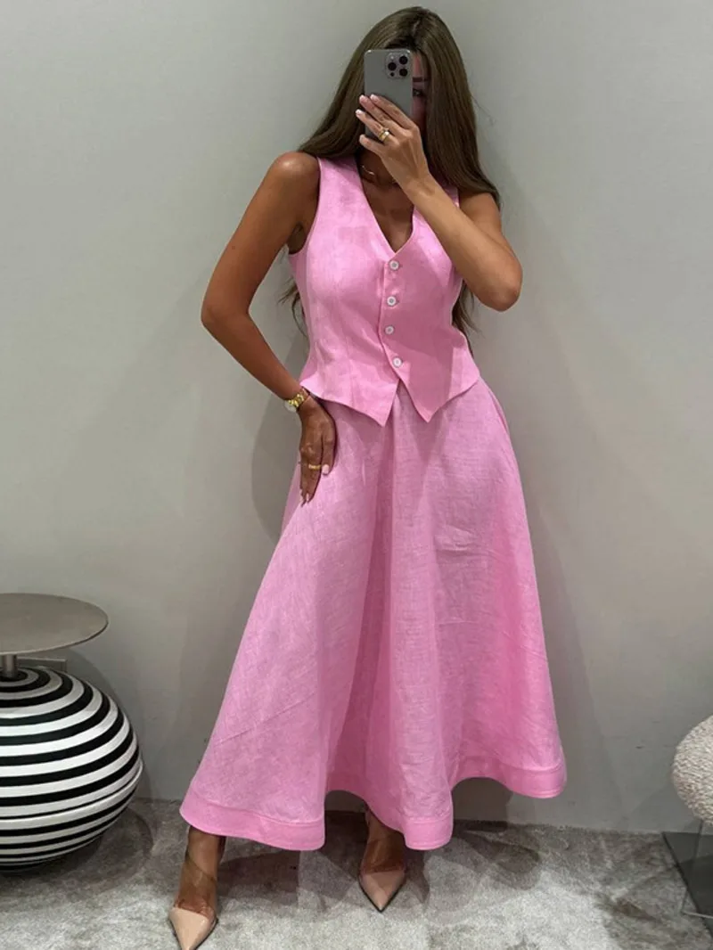 

Solid Single Breasted Vest Skirts Suit Women's V-neck Sleeveless Waistcoat Loose Long Skirt Summer New Lady Casual Outfit MMS7