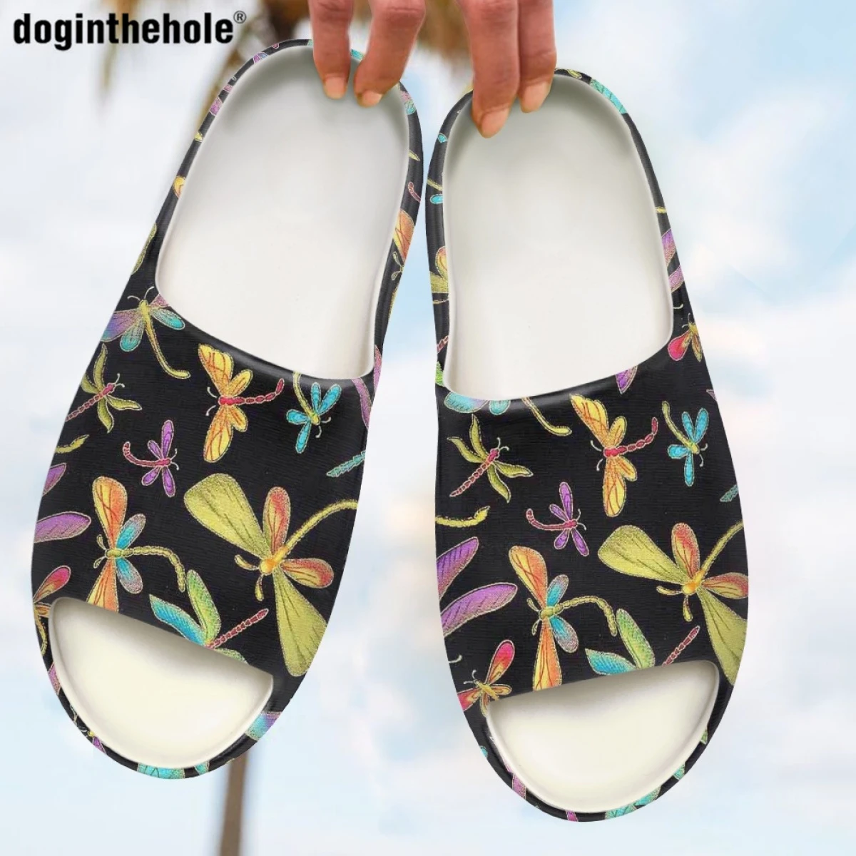 Doginthehole Fashion Dragonfly Pattern Print Women Summer Slippers Home Non-slip EVA Light Coconut Slippers Couple Beach Sandals