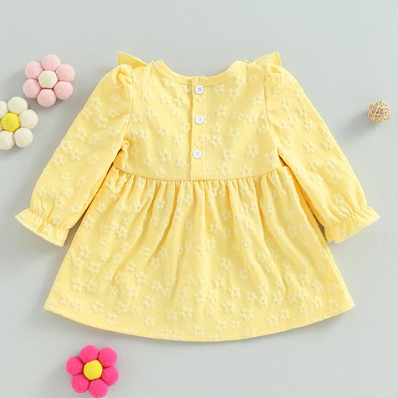 EWODOS Toddler Baby Girls Sweet Yellow Dress Sweet Long Sleeve Dress Crew Neck Flower Bow A-line Dress for Casual Daily Party