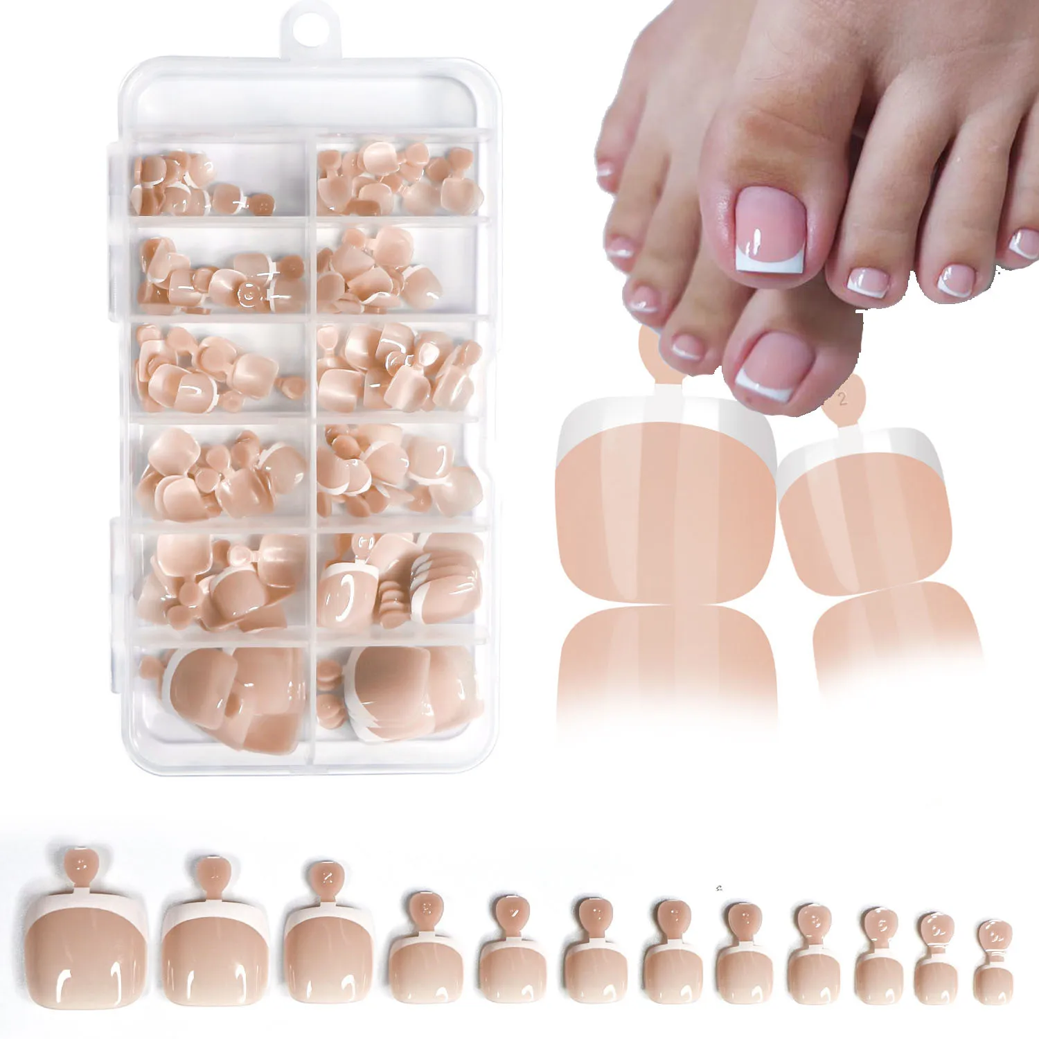 120 Stück glänzende nackte rosa französische Zehennägel-Set zum Aufdrücken, 1 x Box, kurze französische quadratische künstliche Zehennägel, einfarbige Maniküre-Zehennägel