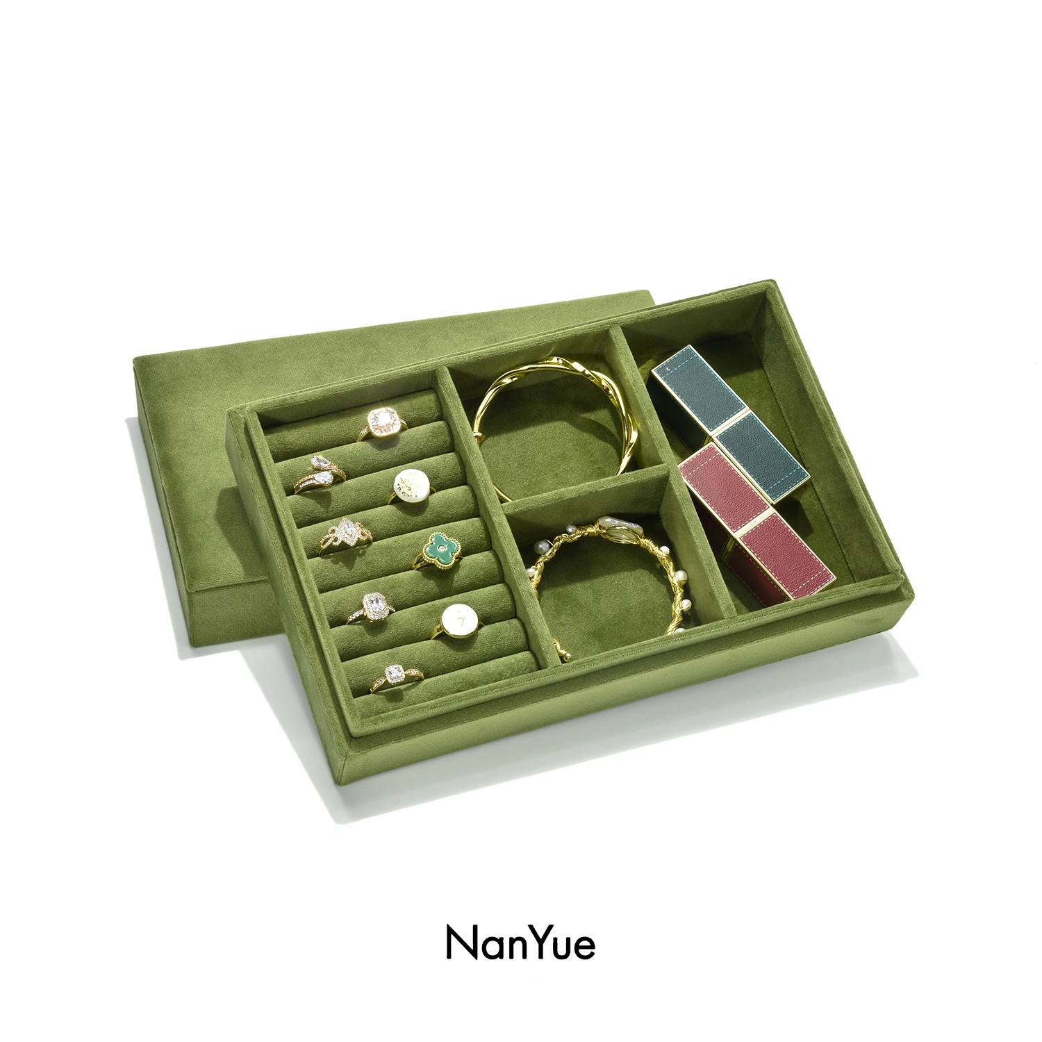 

Factory Wholesale Velvet Stackable Travel Custom Logo Ring Lipstick Watch Jewelry Tray With Lid Jewellery Organizer