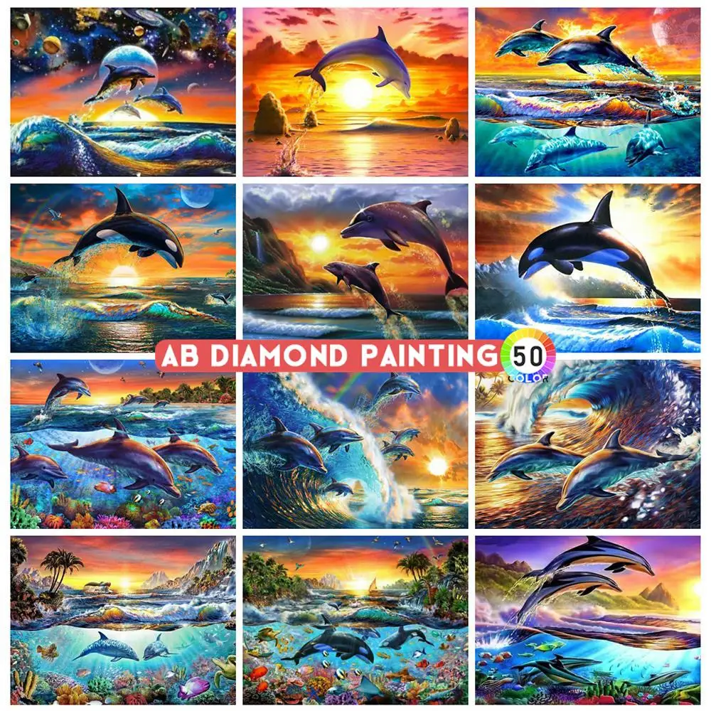 AB Diamond Painting 5D Dolphin Embroidery Animal Mosaic Rhinestone Pictures Sunset Art Home Decor Full Drill DIY Wall Stickers