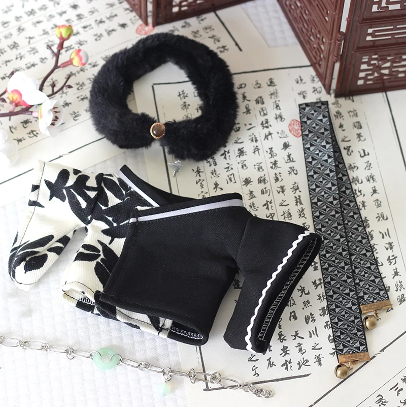 20 cm Plüsch Puppe Kleidung Handgemachte Mode Chinesischen Stil Farbe Blockieren Robe Schwarz Pelz Kragen Retro Stiefel Set Für Puppe zubehör