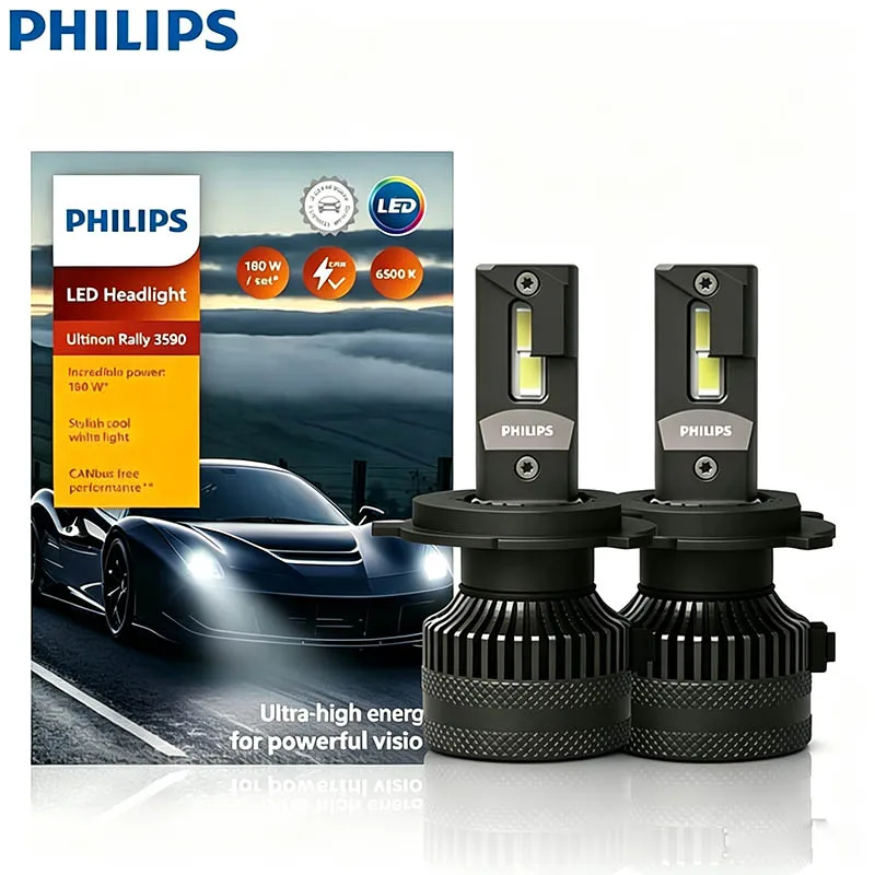 PHILIPS Ultinon Rally 3590 H4 LED Headlight Bulbs 180W Max Power 6500K Cool White 15000LM Super Bright Auto Car Head Lamp 1 Pair