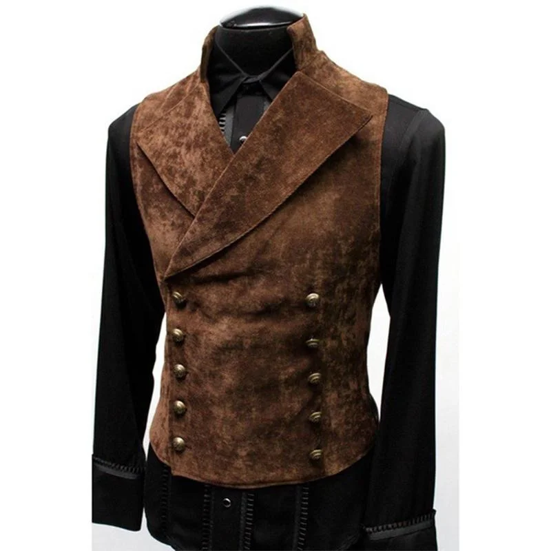 Mens Suede Suit Vest Slim Double Breasted Medieval Steampunk Banquet Waistcoat Fashion Mens Costume