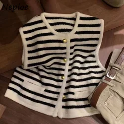 Neploe Black White Striped Sleeveless Knitted Vest for Women Spring Autumn New Tops Mujer Y2k O-neck Single Breasted Sweaters