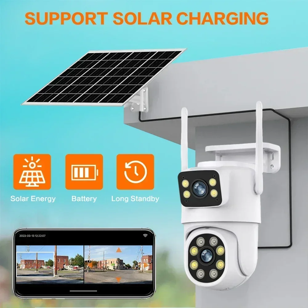 8MP Wireless Solar Camera 4K Dual lens WiFi PTZ Camera Outdoor Built-in Battery Video Surveillance Camera Long Time Standby Tuya