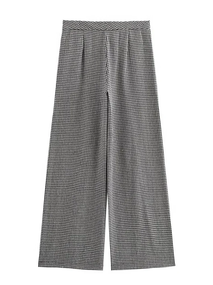 Willshela Women Fashion Plaid Front Zipper Wide Leg Pants Vintage Mid Waist Full Length Female Chic Lady Trousers