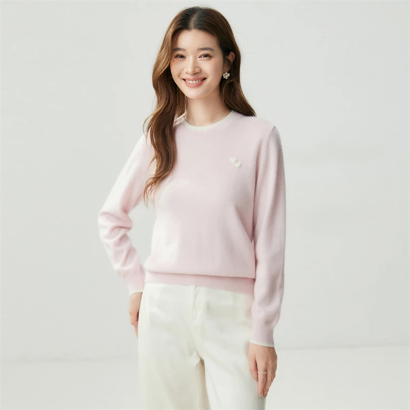 New 100% Cashmere Autumn Winter Double‑Layer Color‑Block O-Neck Sweater Woman Heart Embroidery Soft Elegant Knit Pullover