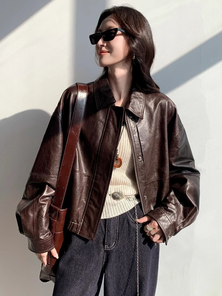カジュアルショート本革ジャケット レディース 春秋 2025 新作 高級 シンプル 無地 ソフトオイルワックス 本革シープスキンコート
