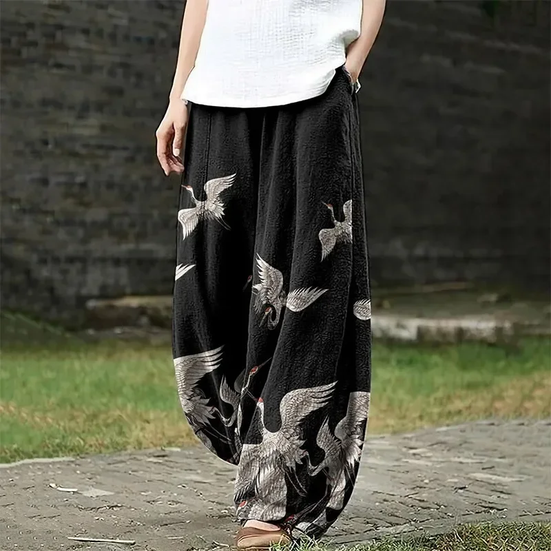 

Women's Crane Art Ink and Wash Loose Casual Pants Harajuku Pure Lantern Trousers Elegent Boho Wide Leg Pants Baggy Pants