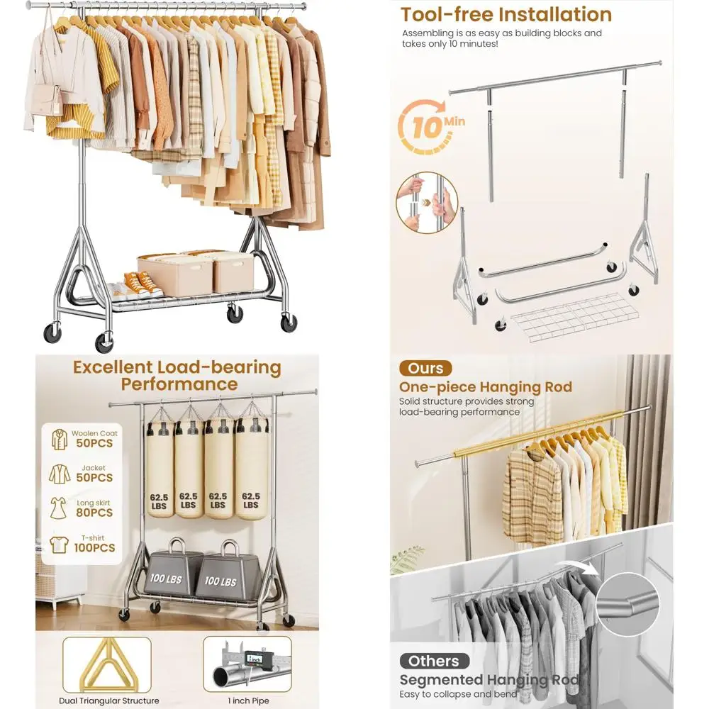 

Industrial-Strength Metal Hanging Rack, Supports 450lbs, Mobile Coat Stand with Lockable Casters, Portable Wardrobe