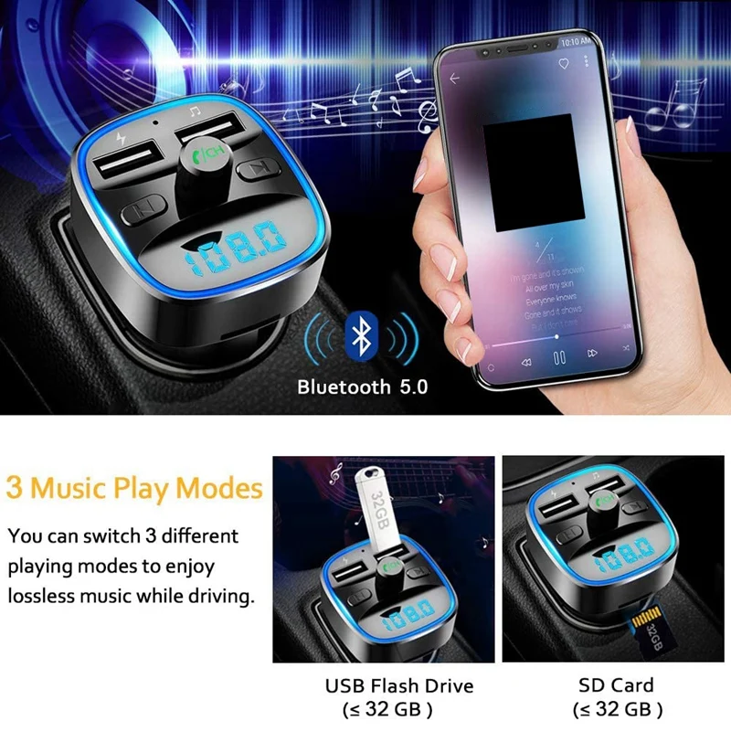 Bluetooth FM Transmitter Car Mp3 Player Bluetooth 5.0 Receiver Dual USB Car Charger U Disk TF Card For Car Interior