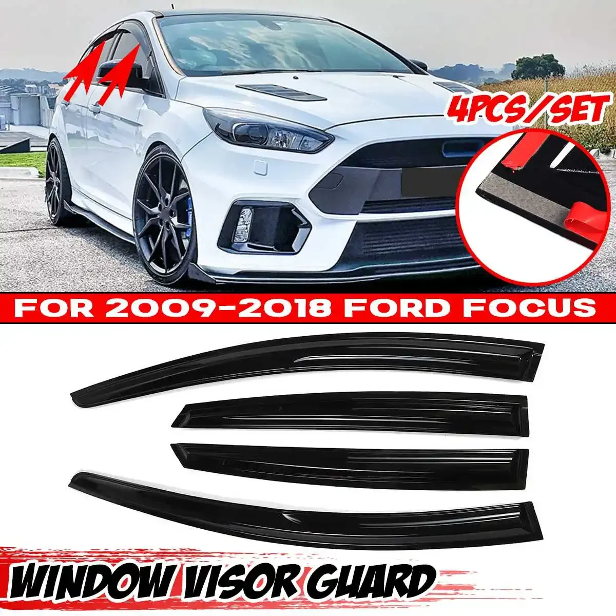 4 Pcs Black Tinted Car Side Window Visor Guard Vent Rain Guard Cover Trim Protection Awning Shelter For FORD For FOCUS 2009-2018