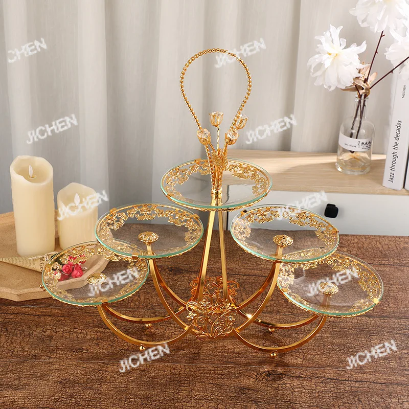 

Европейская люксовая трехъярусная пятислойная фруктовница, декоративная переносная стеклянная тарелка для фруктов с узором, фруктовница H.