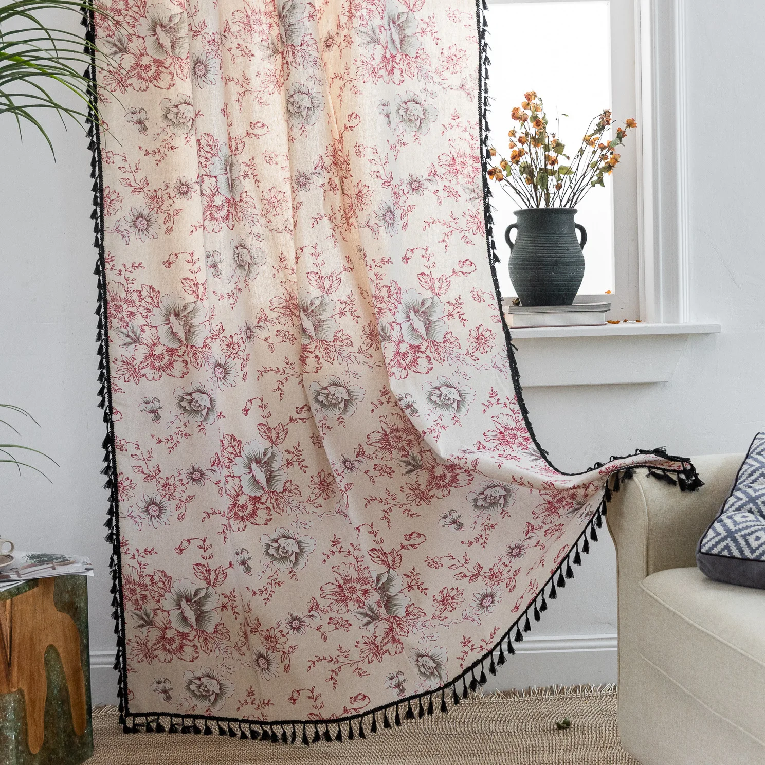 

Cotton Linen Peony in ink Window Curtain with Tassels Blackout Valance for The Luxury Living Room Curtains for Living Room