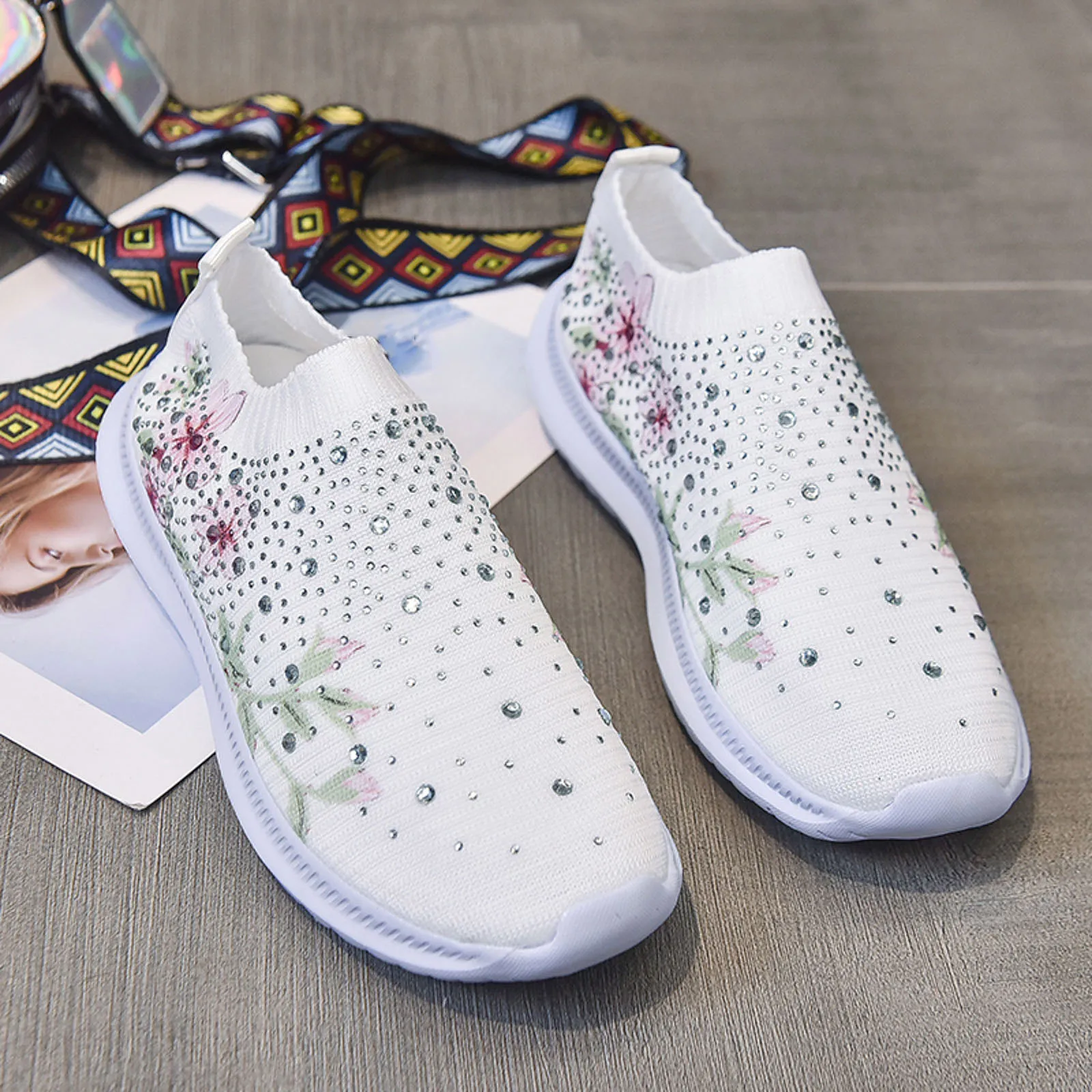 Women Shoes Ladies Rhinestone Flower Print Mesh Sports Socks Shoes Breathable  Mesh Outdoor Gym Running Shoes Tennis Sneakers