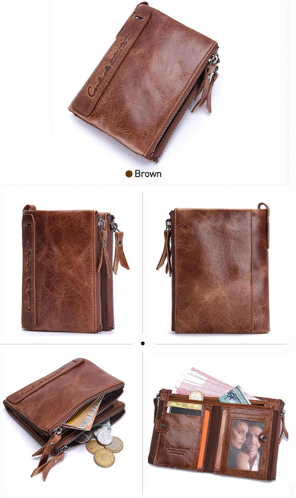CONTACT'S Damen-Geldbörse aus Echtleder, zweifach faltbar, im Vintage-Stil, mit Münzfach und Kartenfächern – Detail 22
