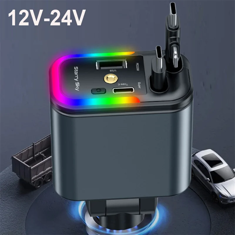 180 W 5 in 1 intrekbare autotelefoonoplader RGB sterrenhemellicht voor PD/QC3.0/SCP/VOOC/FlashCharge/AFC/FlashCharge Protocollen Telefoon