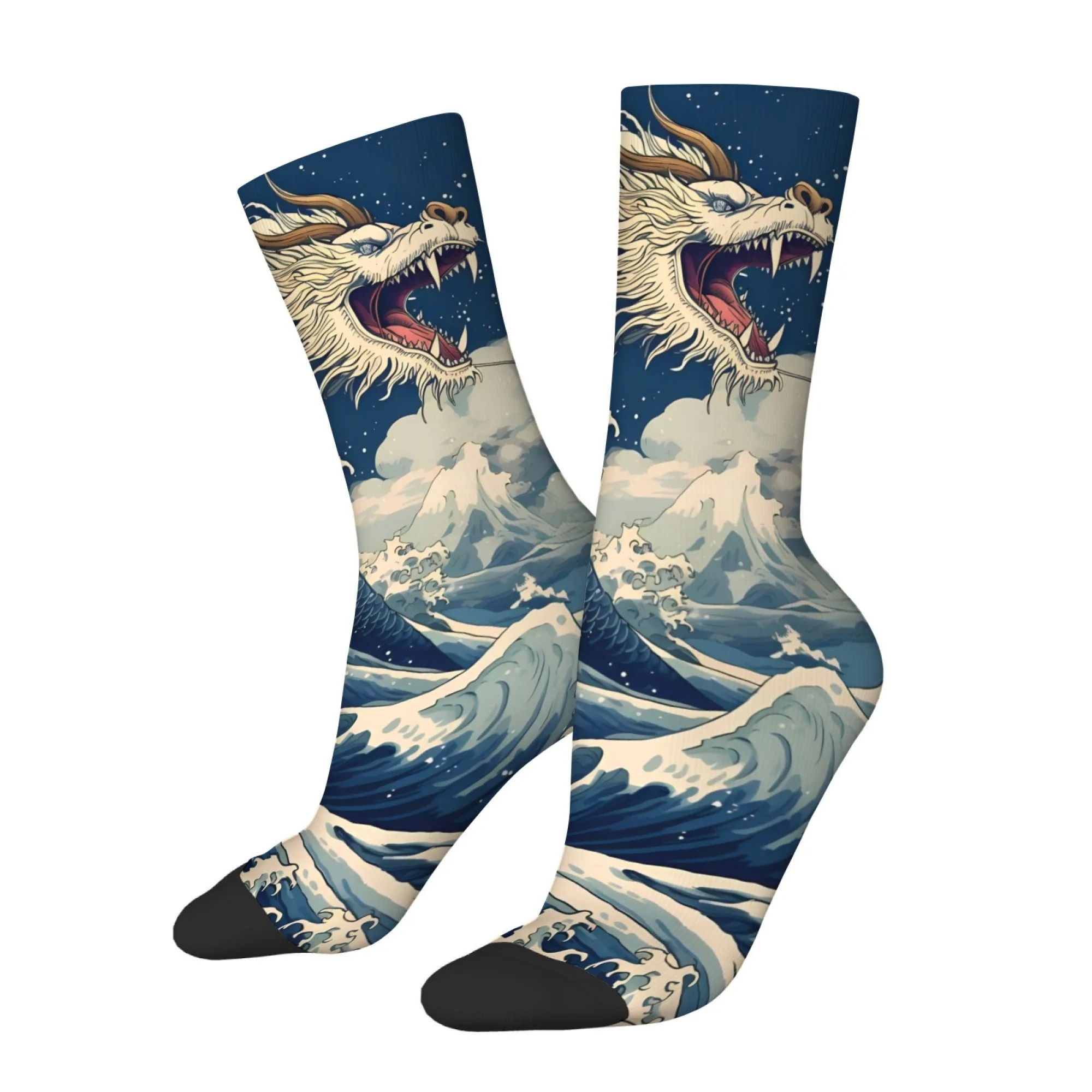 

Japanese Ukiyo-e Style White Dragon Wave Print Men's Socks Non-slip Comfortable Breathable Street Harajuku Style Happy Gift