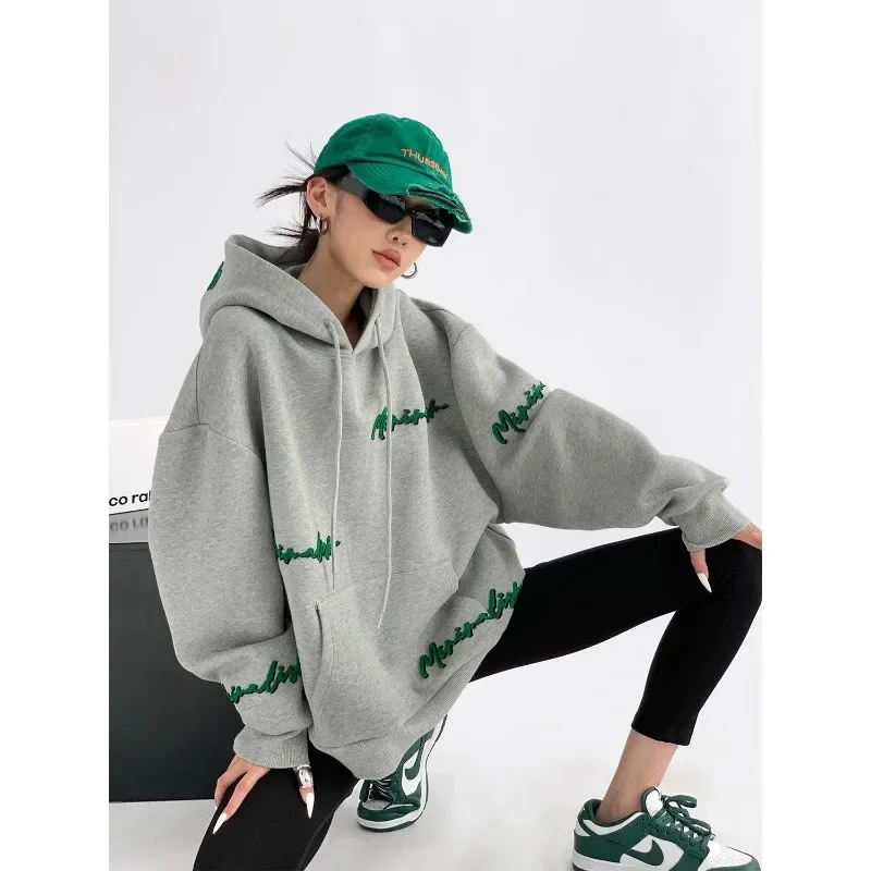 Women Streetwear Oversized Hoodies Plus Fleece Thick Embroidery Sweatshirts Harajuku Hip Hop Korean Loose Casual Pullovers