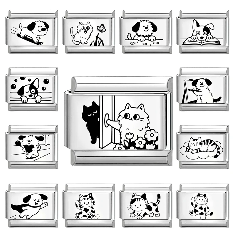 Y2k النقش بالليزر أسود جميل القط الكلب القلب ستار الإيطالية سحر الروابط صالح 9 مللي متر الفولاذ المقاوم للصدأ سوار المرأة DIY بها بنفسك صنع هدية