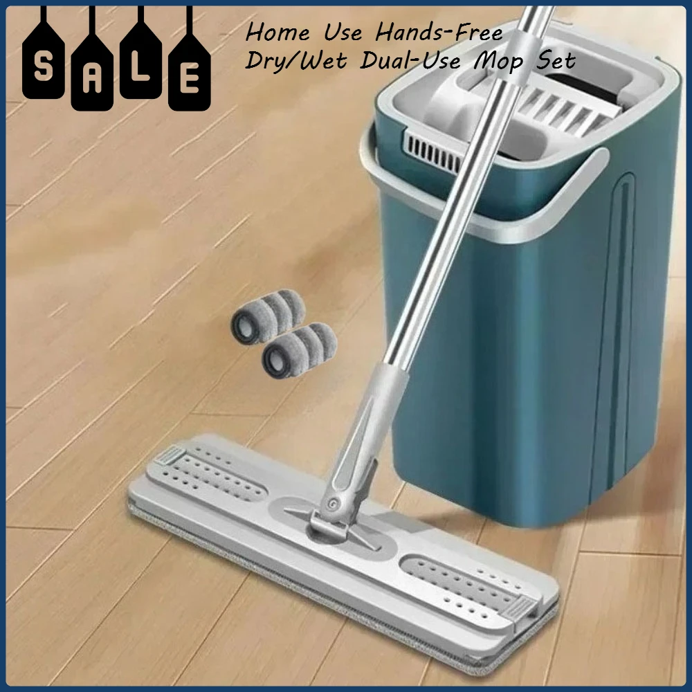 Home Use Hands-Free Lazy Mop Bucket Dry-Wet Separation Floor Cleaning Tool Dual-Use Flat Mop Bucket Set