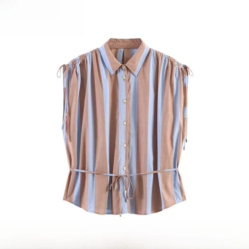 

Fashionable Striped Shirt Women's Loose Fit Button up Polyester Spring Summer New Arrival ZR Style No Sleeve Turn down Collar