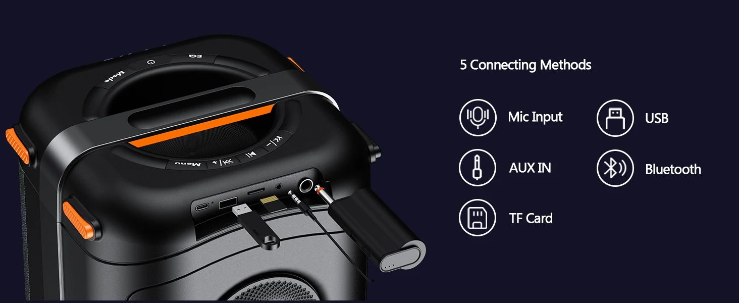 Karaoke-Maschine, tragbarer Bluetooth 5.3-Karaoke-Lautsprecher, PA-System für Erwachsene mit Echo-Einstellung/LED-Leuchten, unterstützt TV/USB/AUX/TF – Detail 7