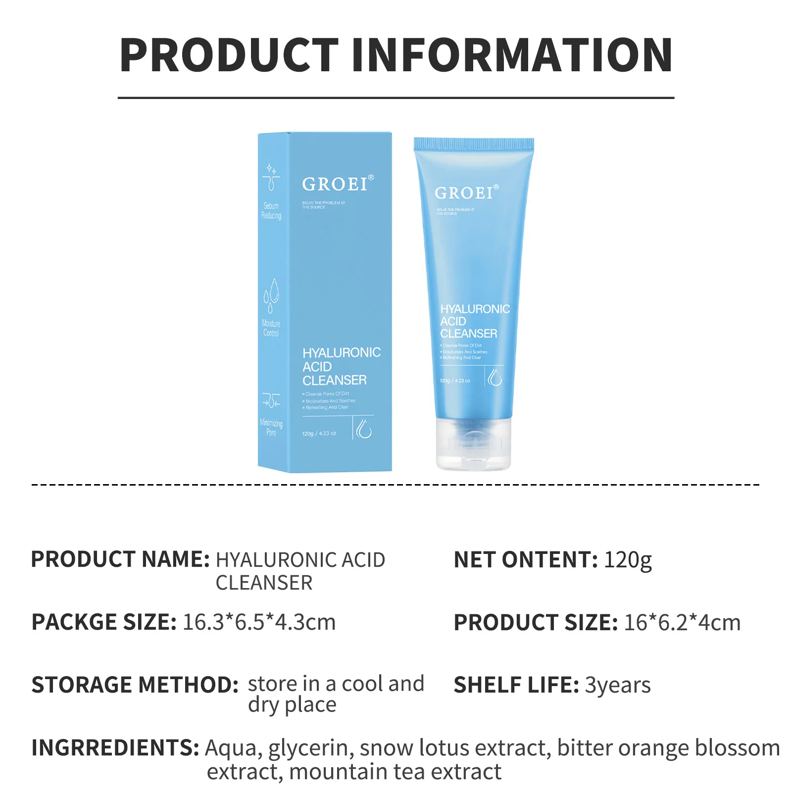 Hyaluronic Acid Cleanser 120g Moisturizing Facial Wash– Deep Cleanse, Moisturize, Pore Refining with Snow Lotus & Natural Extrac