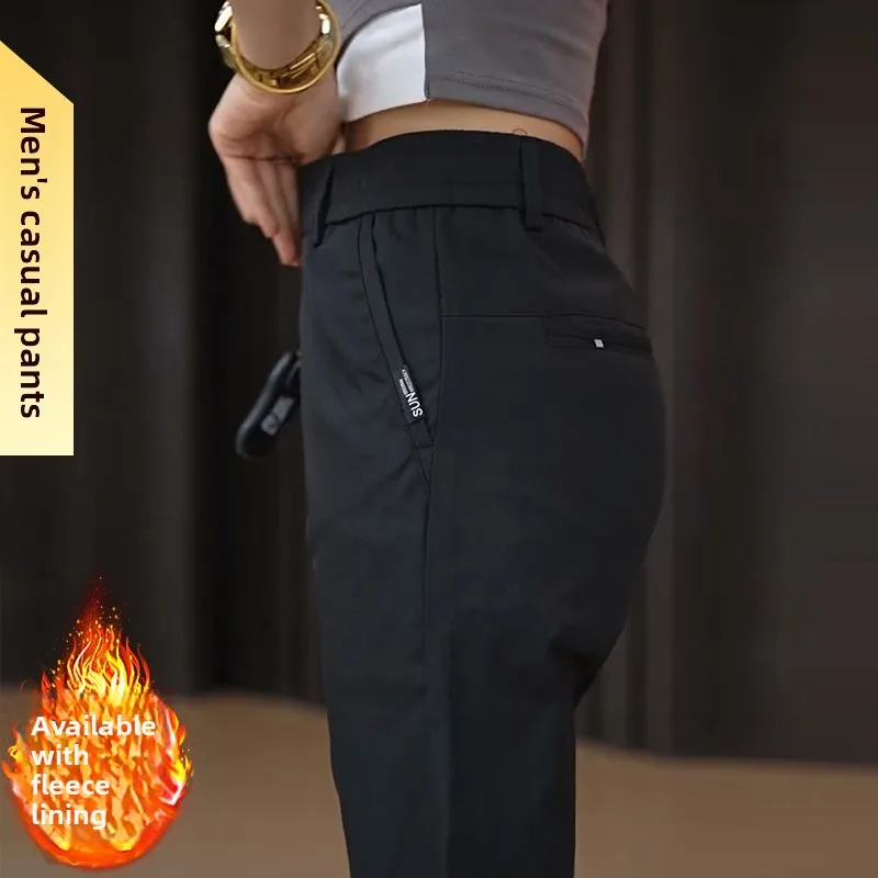 

Men's Fce Lined Straight Leg Thiened Warm Busin Casual Pants Autumn Winter Faionable Polyester Fiber mid Waist Zipper