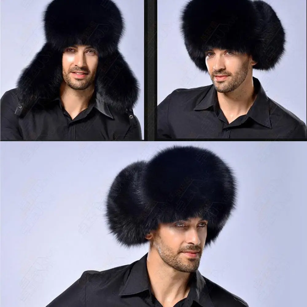 الشتاء الدفء تقليد الفراء القبعات النساء الرجال الراقية الدافئة الأسود الثعلب الفراء الطبيعي الراكون الفراء قبعة يندبروف الروسية Ushanka القبعات #3