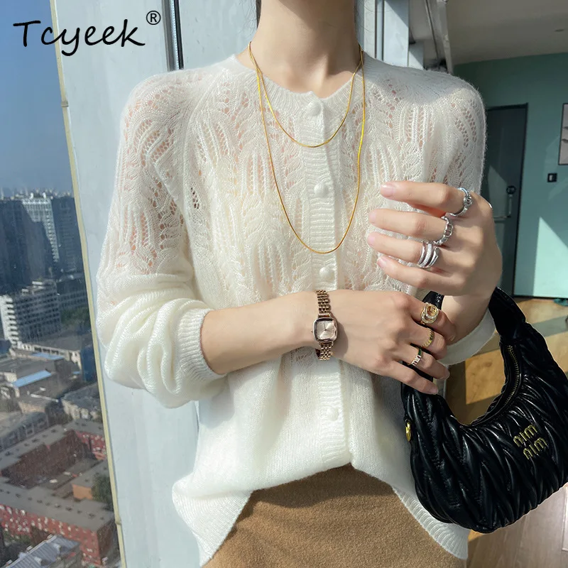 

Tcyeek, 77% Cashmere 23% Silk Cardigan, Women Long Sleeve Hollow Out, Commute Soft Knitted Sweaters, 2024 Autumn New C47167QM