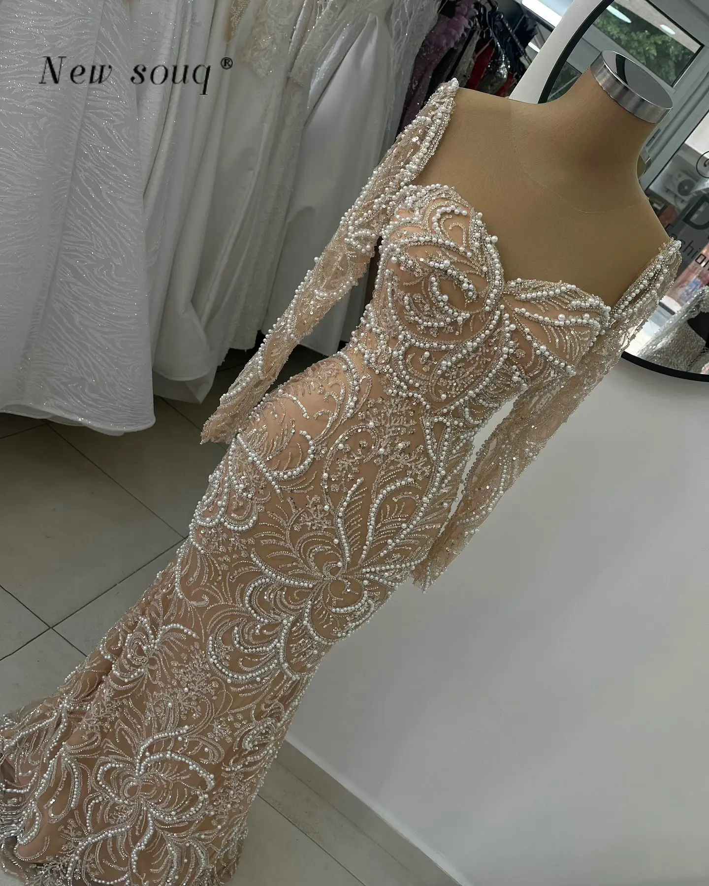 Arabic Nude Champagne Mermaid Evening Gowns Luxury Pearls Beaded Long Sleeves Prom Party Gowns for Formal Occasions