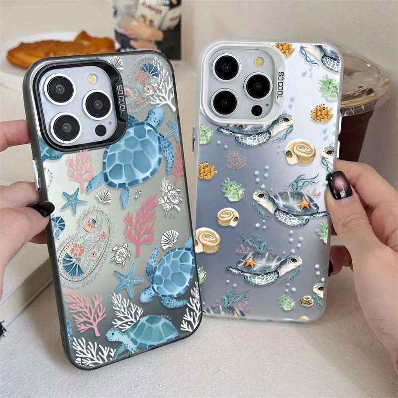 Summer Cartoon Ocean Turtle Plating Matte Shockproof Case for iPhone 16 15 14 13 12 11 Pro Max XS X XR 8 7 Plus SE 2020 PC Cover