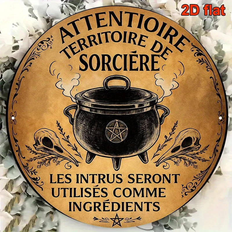 2D Flat - 8-Inch Round Aluminum Plaque Featuring a French Witch'S Domain Design, Complete with a Gothic Witchcraft Sign, Witch H