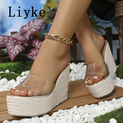 Liyke 2024 New Weave Platform Wedges Slippers Summer Peep Toe Transparent Shoes Woman Sexy Super High Mules Female Sandals Heels