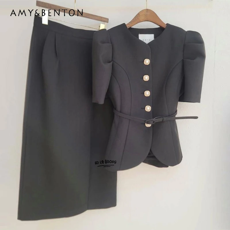 Summer New Korean Fashion Single-Breasted Short Sleeve Suit Coat A-line Skirt Two-Piece Sets Women Commute Style Business Suit