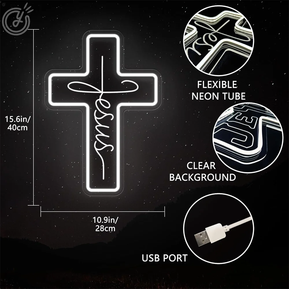 Cross Neon Sign LED Jesus Cross Wall Decor USB Powered for Bedroom Christening Baby Shower Decor Christian Symbol Neon LED Light