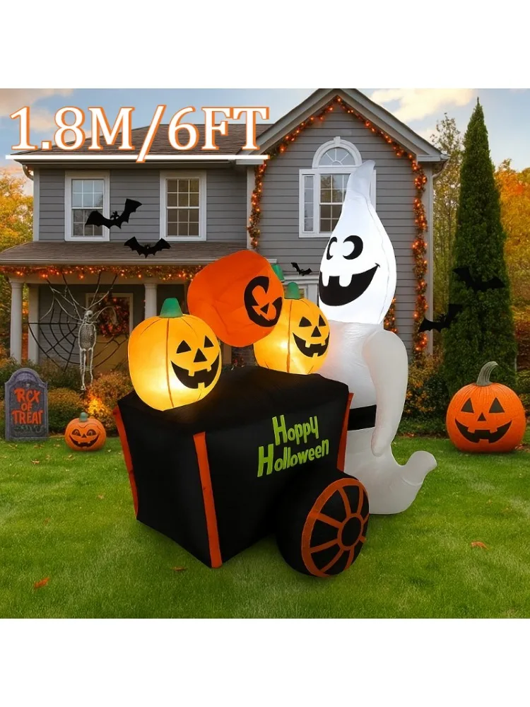 6FT Halloween Outdoor Holiday Decorations Inflatable Toys Ghost Push Pumpkin Cart with LED Lights Outdoor Party Inflatable Model