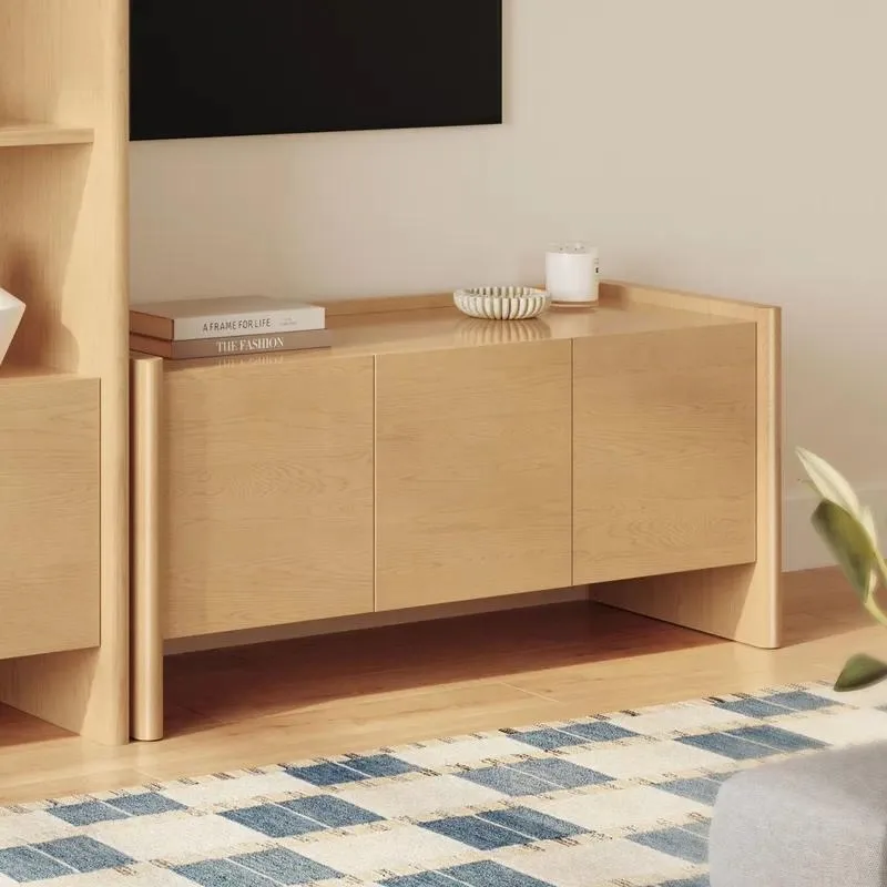 Modern Japanese Natural Oak TV Cabinet Rounded Side Panels Three Door Handleless Simple Living Room Media Console Table