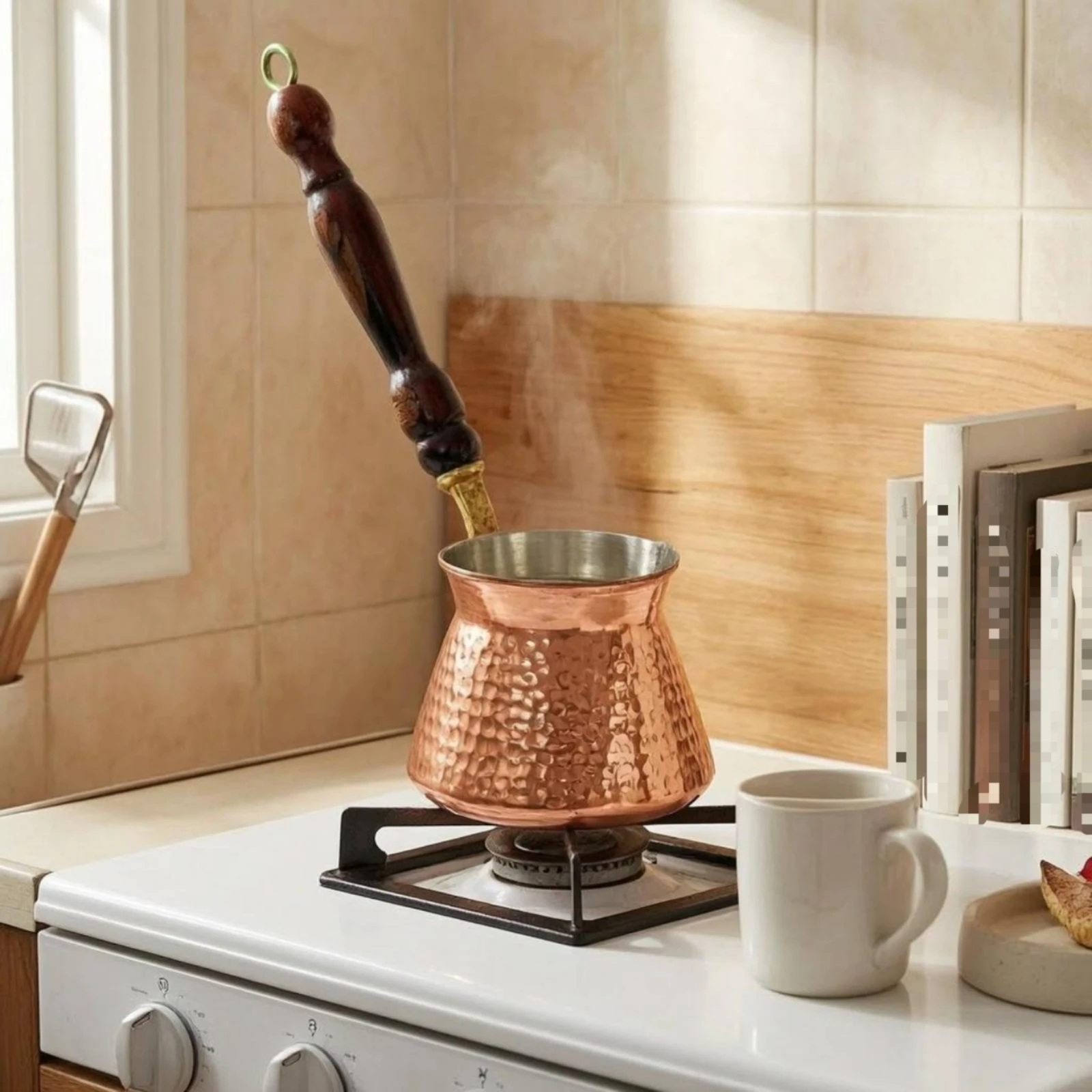 Copper Cezve Embossed Turkish-Style Coffee Pot Copper Coffee Pot Wooden Handle Kitchenware Traditional Design view 4