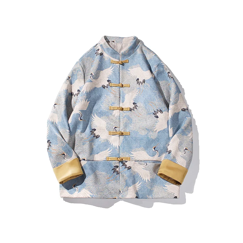 

Retro Artistic Men's Spring Autumn Jaet New Chinese Sle Tang Costume Deer Leather Velvet Hanfu Crane Print Outerwear